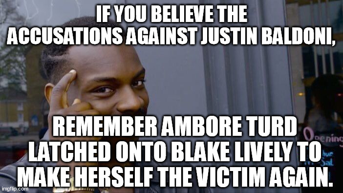 Zero months, weeks and days have passed since a false accusation of a man hasn't been submitted to the court of public opinion. | IF YOU BELIEVE THE ACCUSATIONS AGAINST JUSTIN BALDONI, REMEMBER AMBORE TURD LATCHED ONTO BLAKE LIVELY TO MAKE HERSELF THE VICTIM AGAIN. | image tagged in memes,roll safe think about it,ambore turd,amber heard,justin baldoni,blake lively | made w/ Imgflip meme maker