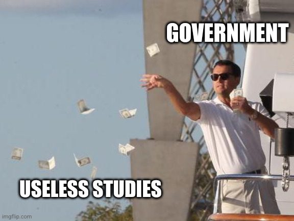 Leonardo DiCaprio throwing Money  | GOVERNMENT USELESS STUDIES | image tagged in leonardo dicaprio throwing money | made w/ Imgflip meme maker