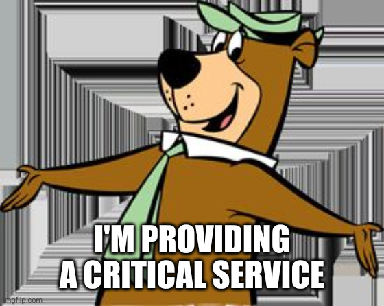 yogi bear | I'M PROVIDING A CRITICAL SERVICE | image tagged in yogi bear | made w/ Imgflip meme maker