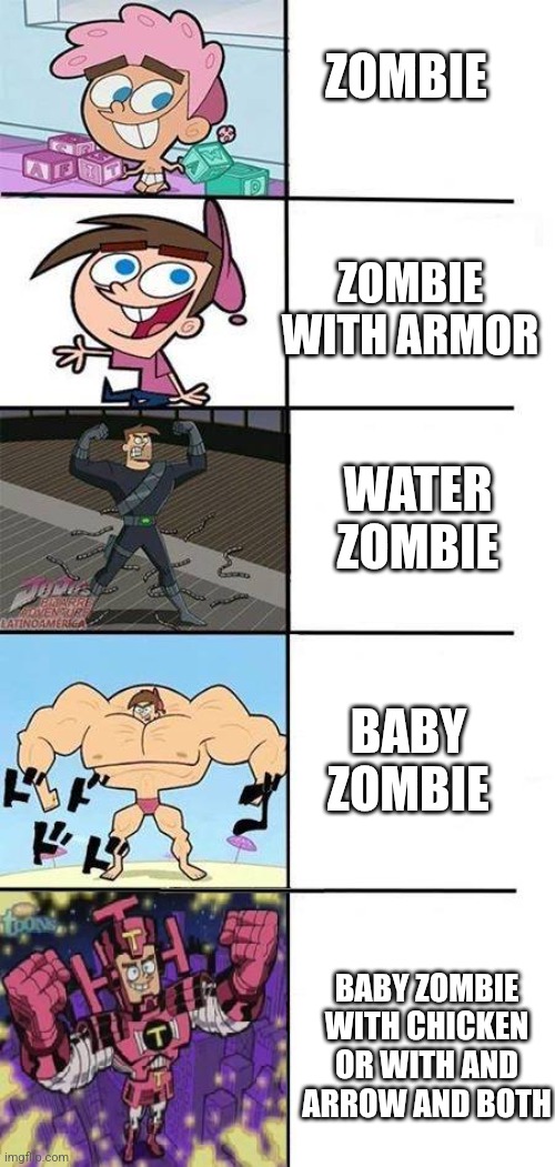 Minecraft be like | ZOMBIE; ZOMBIE WITH ARMOR; WATER ZOMBIE; BABY ZOMBIE; BABY ZOMBIE WITH CHICKEN OR WITH AND ARROW AND BOTH | image tagged in timmy turner | made w/ Imgflip meme maker