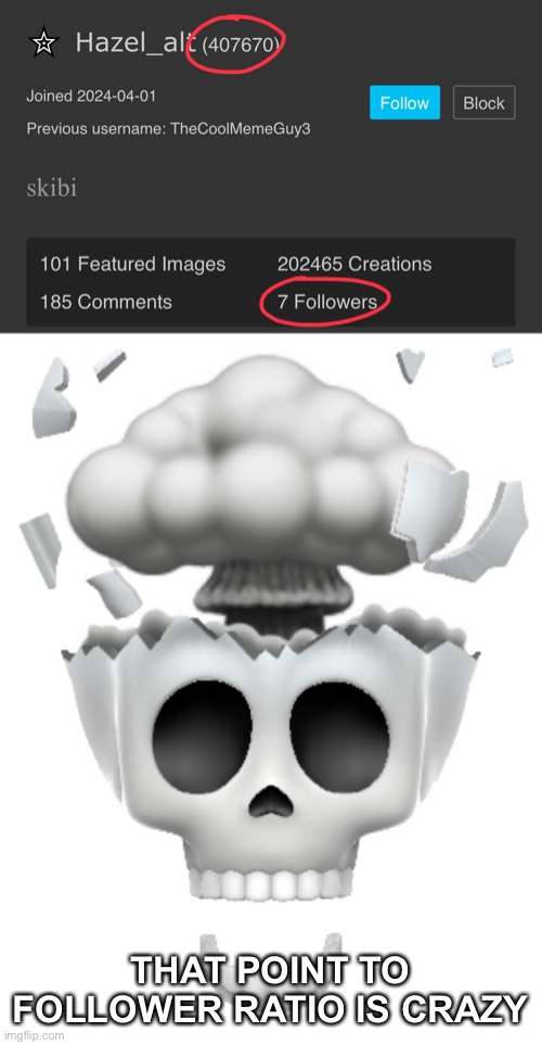 Skull | THAT POINT TO FOLLOWER RATIO IS CRAZY | image tagged in shocked brain explode skull emoji iphone | made w/ Imgflip meme maker