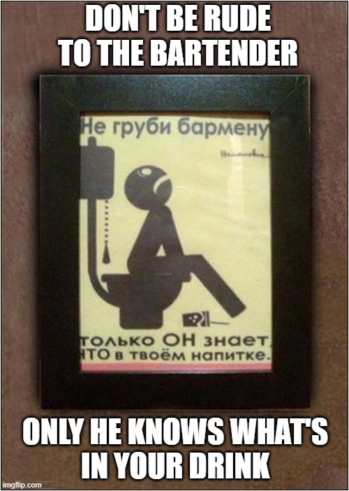 An Odd Russian Bar Sign ! | DON'T BE RUDE TO THE BARTENDER; ONLY HE KNOWS WHAT'S
IN YOUR DRINK | image tagged in russian,bartender,rudeness,dark humour | made w/ Imgflip meme maker