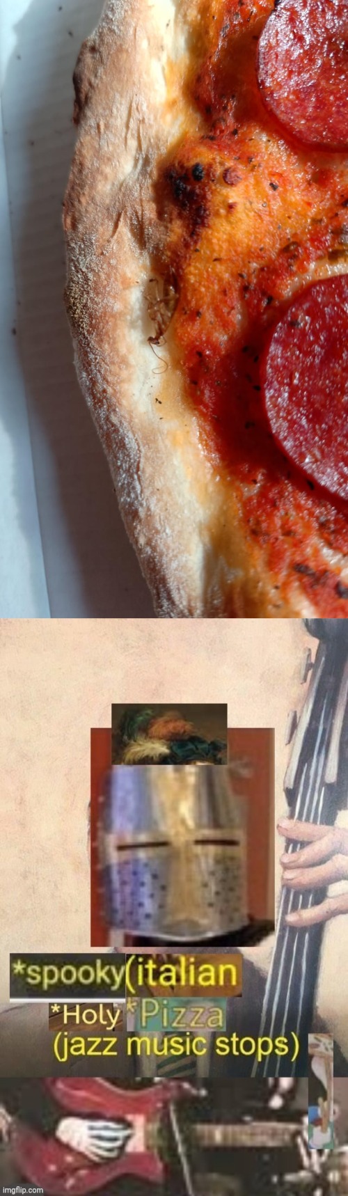 Roach in pizza | image tagged in spooky italian holy pizza jazz music stops,roach,pizza,pepperoni pizza,you had one job,memes | made w/ Imgflip meme maker