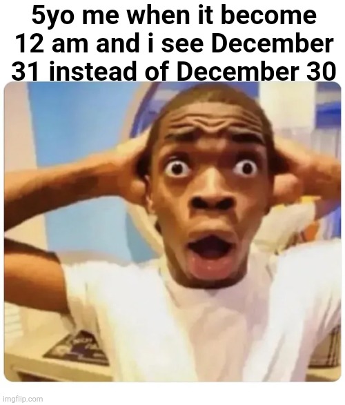 WTF WTH OMG WHAT IN THE BLUE MOON | 5yo me when it become 12 am and i see December 31 instead of December 30 | image tagged in black guy suprised,memes,funny,time,new year,pls upvote | made w/ Imgflip meme maker