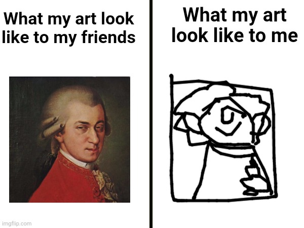 Idk title | What my art look like to me; What my art look like to my friends | image tagged in funny,memes | made w/ Imgflip meme maker