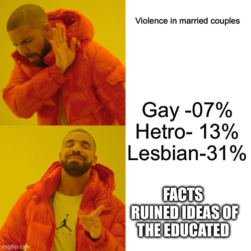 Educated will rule the world | Violence in married couples; Gay -07%

Hetro- 13%

Lesbian-31%; FACTS 
RUINED IDEAS OF THE EDUCATED | image tagged in memes,drake hotline bling | made w/ Imgflip meme maker