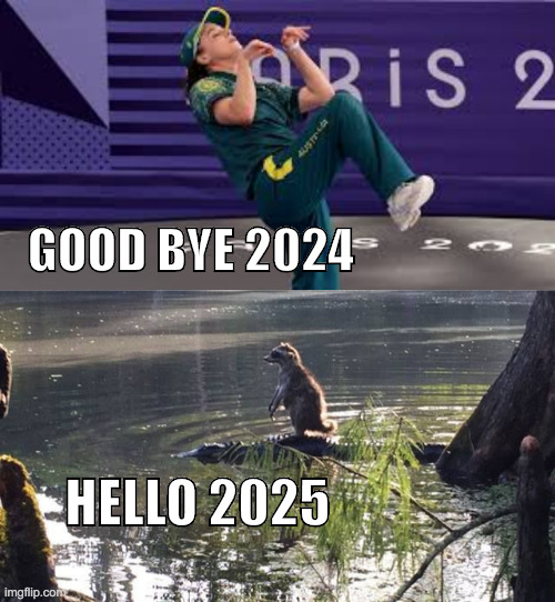 new year 2025 | GOOD BYE 2024; HELLO 2025 | image tagged in raygun australian breakdancer,raccoon-alligator-riding | made w/ Imgflip meme maker