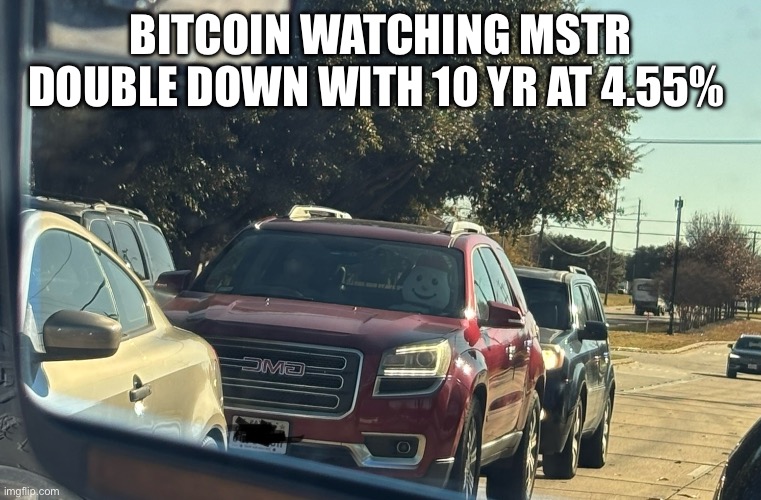 Frosty creepin | BITCOIN WATCHING MSTR DOUBLE DOWN WITH 10 YR AT 4.55% | image tagged in frosty creepin | made w/ Imgflip meme maker