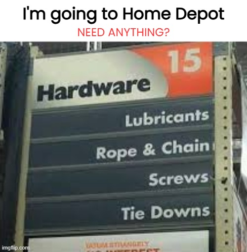 Just Stalking Up on the Essentials | I'm going to Home Depot; NEED ANYTHING? | image tagged in funny memes,nsfw week,home depot | made w/ Imgflip meme maker