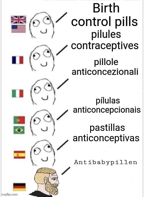 (Fixed ver.)Germans... | Birth control pills; pilules contraceptives; pillole anticoncezionali; pílulas anticoncepcionais; pastillas anticonceptivas; Antibabypillen | image tagged in fixed ver germans | made w/ Imgflip meme maker