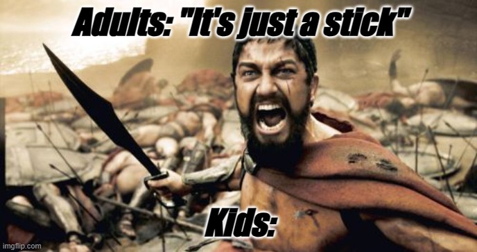 So true! | Adults: "It's just a stick"; Kids: | image tagged in memes,sparta leonidas | made w/ Imgflip meme maker