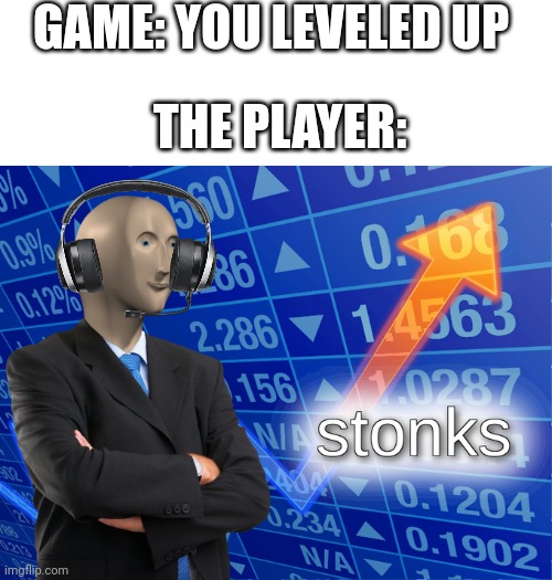 Name the game | GAME: YOU LEVELED UP; THE PLAYER: | image tagged in stonks,video games | made w/ Imgflip meme maker