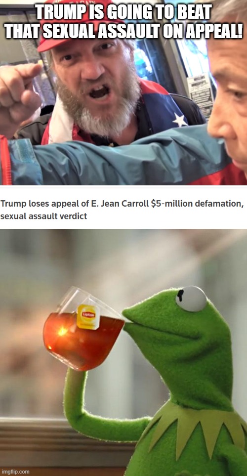 TRUMP IS GOING TO BEAT THAT SEXUAL ASSAULT ON APPEAL! | image tagged in angry trump supporter,memes,but that's none of my business | made w/ Imgflip meme maker