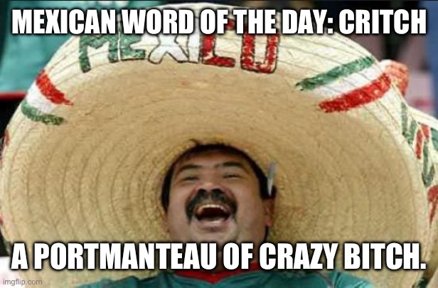 mexican word of the day | MEXICAN WORD OF THE DAY: CRITCH; A PORTMANTEAU OF CRAZY BITCH. | image tagged in mexican word of the day | made w/ Imgflip meme maker