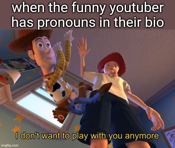 I don't want to play with you anymore | when the funny youtuber has pronouns in their bio | image tagged in i don't want to play with you anymore | made w/ Imgflip meme maker