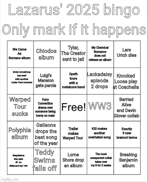 I made a 2025 bingo | Only mark if it happens; Lazarus' 2025 bingo; Tyler, The Creator sent to jail; Chiodos album; Lars Urich dies; We Came As Romans album; My Chemical Romance does not release an album; Emily Armstrong has beef with another Linkin Park member; Opeth tours with a metalcore band; Knocked Loose play at Coachella; Lackadaisy episode 2 drops; Luigi's Mansion gets parole; WW3; Warped Tour sucks; Berried Alive and Davin Glover collab; Furry Convention drama over someone being horny on main; Polyphia album; Galleons drops the best song of the year; Exactly 9 new brainrot terms; KSI makes another overhated song; Trailer makes Warped Tour; Teddy Swims falls off; Breaking Benjamin album; Lorna Shore drop an album; Magdalena Bay gets #1 on Billboard top 100; The most unexpected collab takes over my tl for 2 weeks | image tagged in blank bingo | made w/ Imgflip meme maker