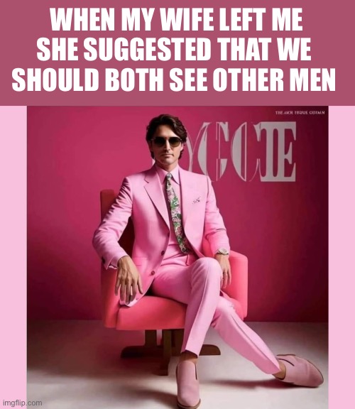 Pink Trudeau | WHEN MY WIFE LEFT ME
SHE SUGGESTED THAT WE 
SHOULD BOTH SEE OTHER MEN | image tagged in pink trudeau | made w/ Imgflip meme maker