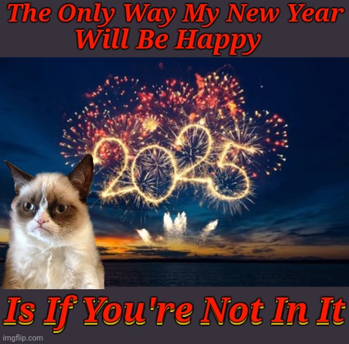 New Year "Same Grumpy Vibes" Happy New... NO | The Only Way My New Year; Will Be Happy; Is If You're Not In It; Is If You're Not In It | image tagged in memes,happy new year,new year resolutions,grumpy cat,grumpy cat insults | made w/ Imgflip meme maker