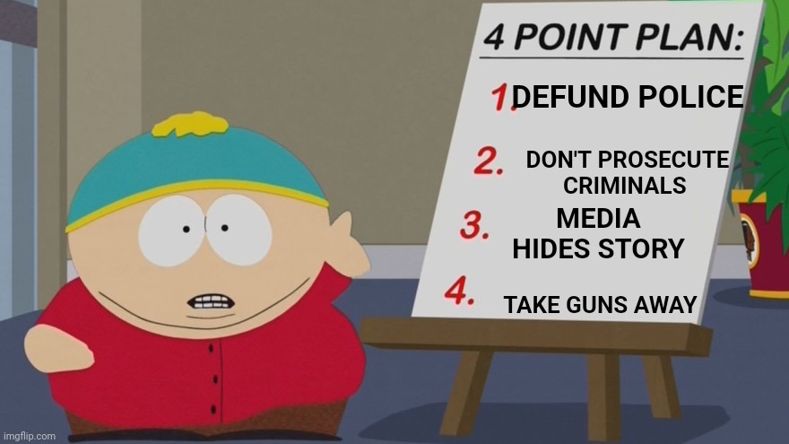 4 point plan on how liberals want to keep you safe | DEFUND POLICE; DON'T PROSECUTE CRIMINALS; MEDIA HIDES STORY; TAKE GUNS AWAY | image tagged in 4 point plan | made w/ Imgflip meme maker