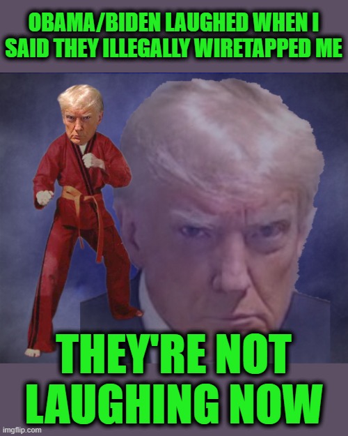 Karate Trump | OBAMA/BIDEN LAUGHED WHEN I SAID THEY ILLEGALLY WIRETAPPED ME; THEY'RE NOT LAUGHING NOW | image tagged in karate trump | made w/ Imgflip meme maker