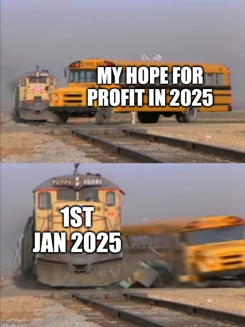 My new Year's Resolutions | MY HOPE FOR PROFIT IN 2025; 1ST JAN 2025 | image tagged in train crashes bus,happy new year,new year resolutions | made w/ Imgflip meme maker