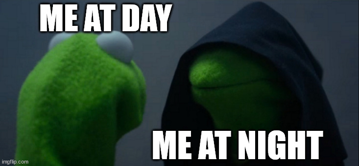 Blackhat | ME AT DAY; ME AT NIGHT | image tagged in memes,evil kermit | made w/ Imgflip meme maker