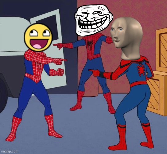 Memes pointing at each other | image tagged in spider man triple | made w/ Imgflip meme maker