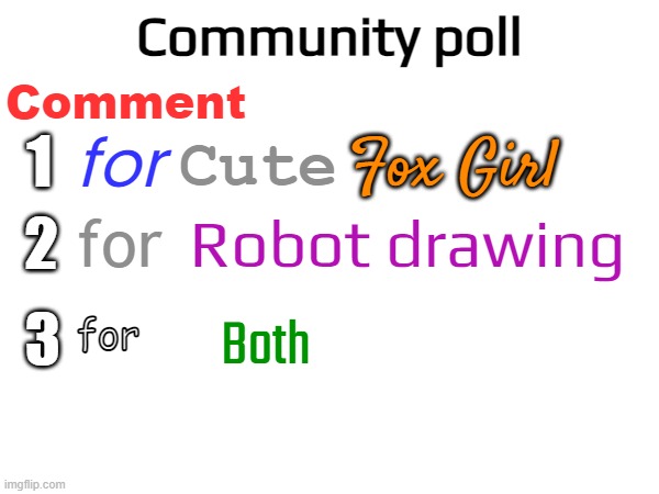 I bring you yet another sensory overload, 2 minutes and 30 seconds before the 31st. | Comment; Community poll; Cute; Fox Girl; 1; for; for; Robot drawing; 2; for; Both; 3 | made w/ Imgflip meme maker