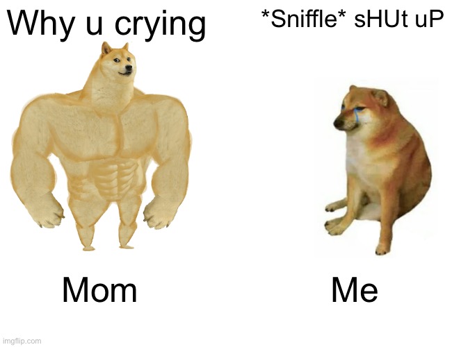 Buff Doge vs. Cheems | Why u crying; *Sniffle* sHUt uP; Mom; Me | image tagged in memes,buff doge vs cheems | made w/ Imgflip meme maker