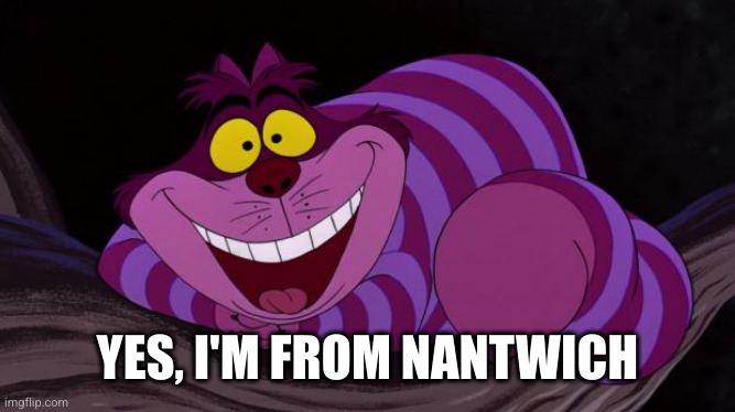 Cheshire Cat | YES, I'M FROM NANTWICH | image tagged in cheshire cat | made w/ Imgflip meme maker