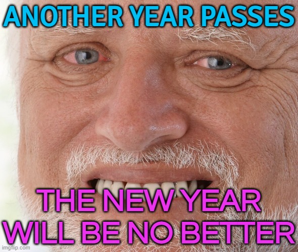 Next Year Will Be No Better | ANOTHER YEAR PASSES; THE NEW YEAR WILL BE NO BETTER | image tagged in hide the pain harold,happy new year,new year,celebration,2025,astrology | made w/ Imgflip meme maker