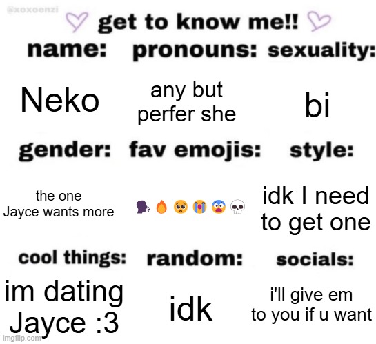 get to know me but better | Neko; any but perfer she; bi; 🗣️🔥🥺😭😨💀; idk I need to get one; the one Jayce wants more; i'll give em to you if u want; idk; im dating Jayce :3 | image tagged in get to know me but better | made w/ Imgflip meme maker