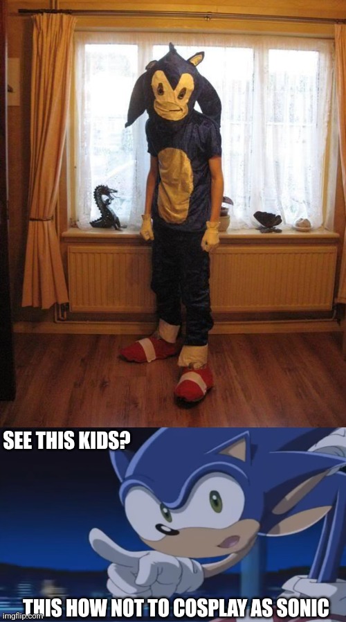 MAYBE IT'S SANIC? | SEE THIS KIDS? THIS HOW NOT TO COSPLAY AS SONIC | image tagged in kids don't - sonic x,cosplay,sonic the hedgehog,cosplay fail,sonic | made w/ Imgflip meme maker