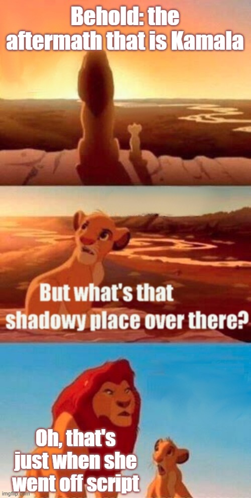 Simba Shadowy Place | Behold: the aftermath that is Kamala; Oh, that's just when she went off script | image tagged in memes,simba shadowy place | made w/ Imgflip meme maker