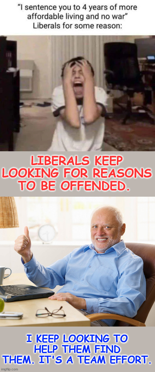 It's a team effort. | LIBERALS KEEP LOOKING FOR REASONS TO BE OFFENDED. I KEEP LOOKING TO HELP THEM FIND THEM. IT'S A TEAM EFFORT. | image tagged in hide the pain harold,team effort,liberals,always looking for things to be offended by | made w/ Imgflip meme maker