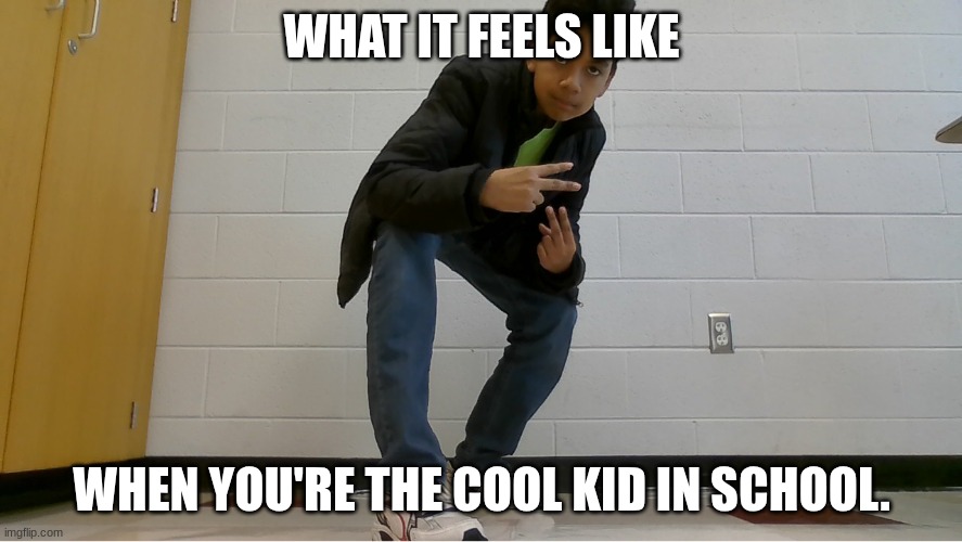 me in school | WHAT IT FEELS LIKE; WHEN YOU'RE THE COOL KID IN SCHOOL. | image tagged in the cool kid dude | made w/ Imgflip meme maker