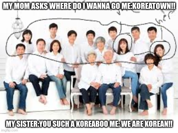 my sister is so dumb | MY MOM ASKS WHERE DO I WANNA GO ME:KOREATOWN!! MY SISTER:YOU SUCH A KOREABOO ME: WE ARE KOREAN!! | image tagged in korea,koreatown,family | made w/ Imgflip meme maker