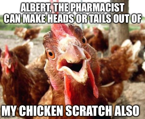 Chicken | ALBERT, THE PHARMACIST CAN MAKE HEADS OR TAILS OUT OF MY CHICKEN SCRATCH ALSO | image tagged in chicken | made w/ Imgflip meme maker