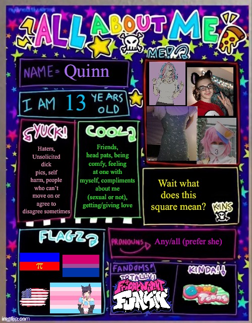 My ass is NOT posting this to MSMG (until it’s quiet and quiet and everyone’s asleep) | Quinn; 13; Haters, Unsolicited dick pics, self harm, people who can’t move on or agree to disagree sometimes; Friends, head pats, being comfy, feeling at one with myself, compliments about me (sexual or not), getting/giving love; Wait what does this square mean? Any/all (prefer she) | image tagged in all about me og temp by jade | made w/ Imgflip meme maker