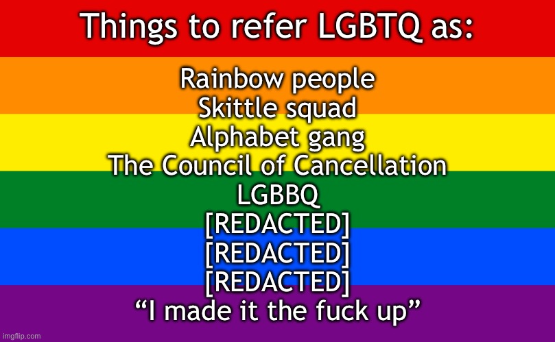 Tis a joke | Things to refer LGBTQ as:; Rainbow people
Skittle squad
Alphabet gang
The Council of Cancellation
LGBBQ
[REDACTED]
[REDACTED]
[REDACTED]
“I made it the fuck up” | image tagged in pride flag | made w/ Imgflip meme maker