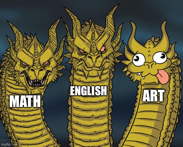 Three-headed Dragon | ENGLISH; ART; MATH | image tagged in three-headed dragon | made w/ Imgflip meme maker