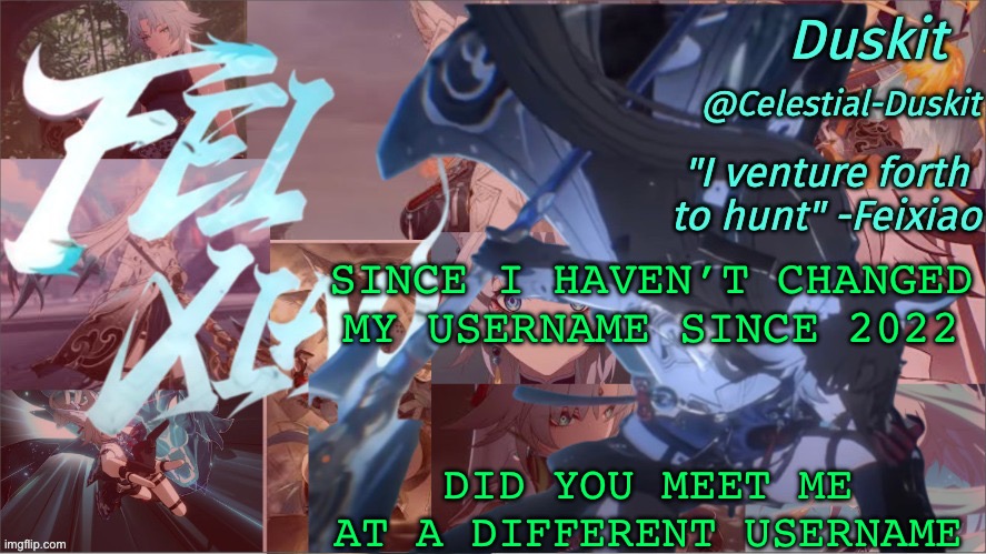 Duskit's Feixiao template | SINCE I HAVEN’T CHANGED MY USERNAME SINCE 2022; DID YOU MEET ME AT A DIFFERENT USERNAME | image tagged in duskit's feixiao template | made w/ Imgflip meme maker