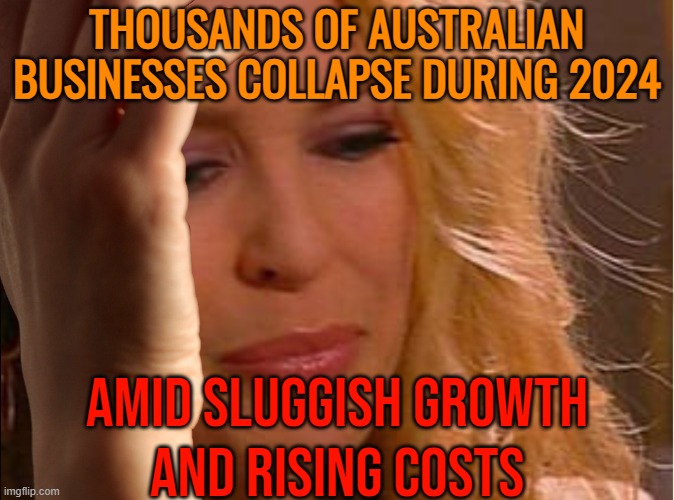 Thousands Of Australian Businesses Collapse During 2024 Amid Sluggish Growth And Rising Costs | THOUSANDS OF AUSTRALIAN BUSINESSES COLLAPSE DURING 2024; AMID SLUGGISH GROWTH
AND RISING COSTS | image tagged in first world problems kylie,meanwhile in australia,australians,australia,economy,because capitalism | made w/ Imgflip meme maker