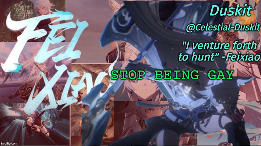 Not very hard yk | STOP BEING GAY | image tagged in duskit's feixiao template | made w/ Imgflip meme maker