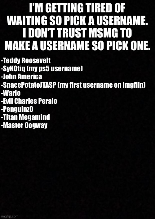 Democracy | I’M GETTING TIRED OF WAITING SO PICK A USERNAME. I DON’T TRUST MSMG TO MAKE A USERNAME SO PICK ONE. -Teddy Roosevelt
-SyKOtiq (my ps5 username)
-John America
-SpacePotatoJTASP (my first username on imgflip)
-Wario
-Evil Charles Peralo
-Penguinz0
-Titan Megamind
-Master Oogway | image tagged in blank | made w/ Imgflip meme maker