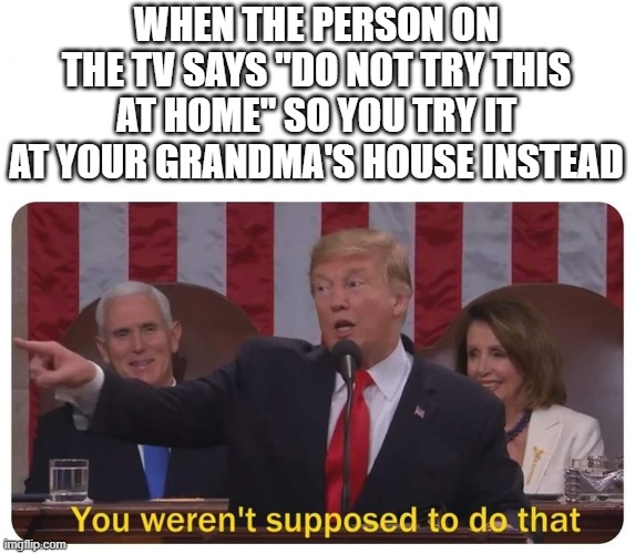 Not at home (r/technicallythetruth) | WHEN THE PERSON ON THE TV SAYS "DO NOT TRY THIS AT HOME" SO YOU TRY IT AT YOUR GRANDMA'S HOUSE INSTEAD | image tagged in you weren't supposed to do that,memes,funny,do not try this at home | made w/ Imgflip meme maker