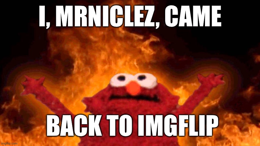 IM BACK BABY | I, MRNICLEZ, CAME; BACK TO IMGFLIP | image tagged in elmo fire | made w/ Imgflip meme maker