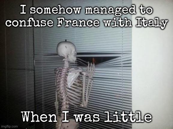 Yes, I confused my home country with another one before knowing which is which | I somehow managed to confuse France with Italy; When I was little | image tagged in skeleton looking out window,msmg | made w/ Imgflip meme maker
