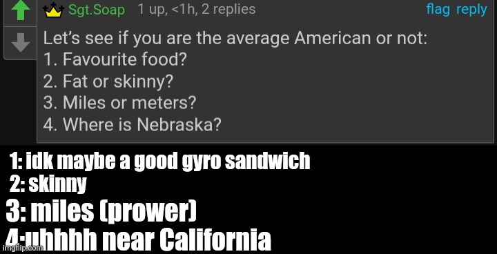 comment banned bc too goofy | 1: idk maybe a good gyro sandwich
2: skinny; 3: miles (prower)
4:uhhhh near California | made w/ Imgflip meme maker