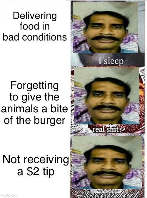 Amir’s grindset | Delivering food in bad conditions; Forgetting to give the animals a bite of the burger; Not receiving a $2 tip | image tagged in i sleep meme with ascended template,delivery | made w/ Imgflip meme maker